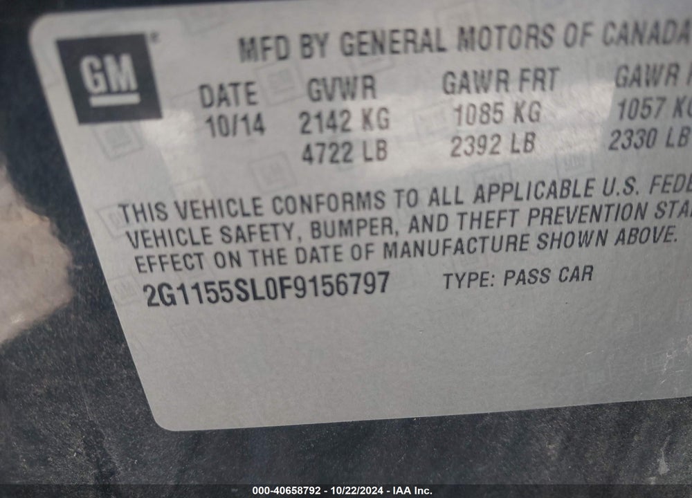2015 CHEVROLET IMPALA 1LZ VIN: 2G1155SL0F9156797
