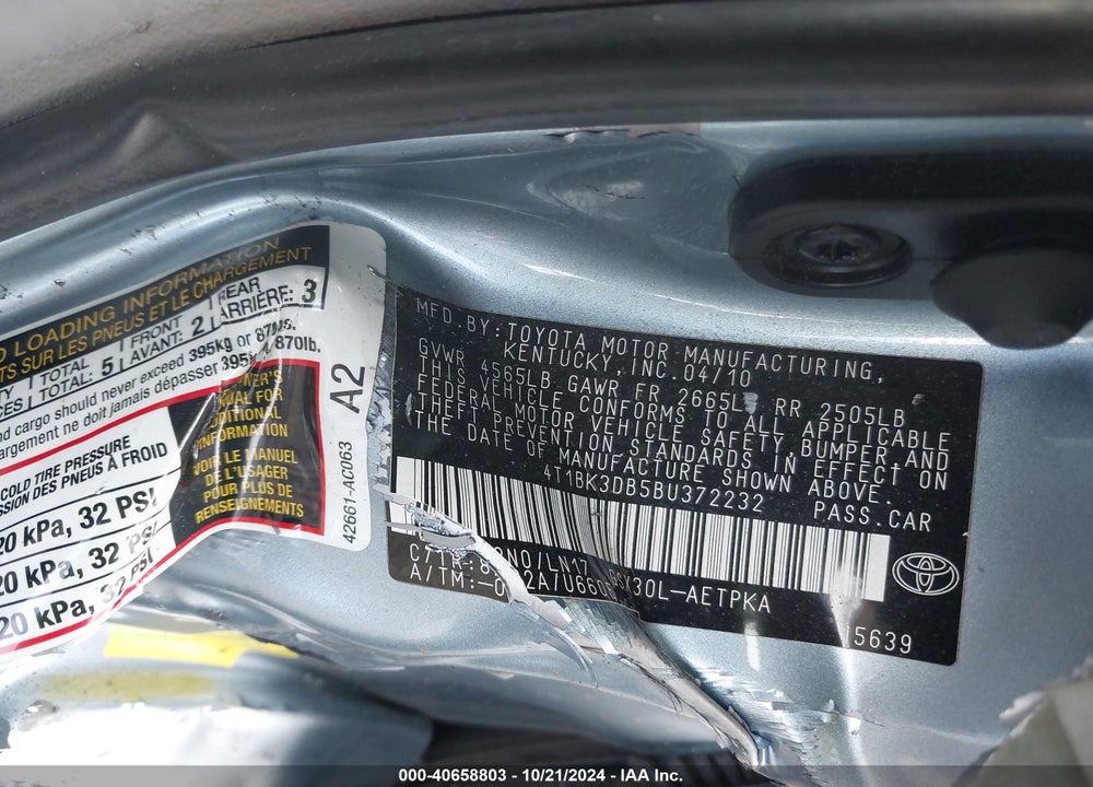 2011 TOYOTA AVALON VIN: 4T1BK3DB5BU372232