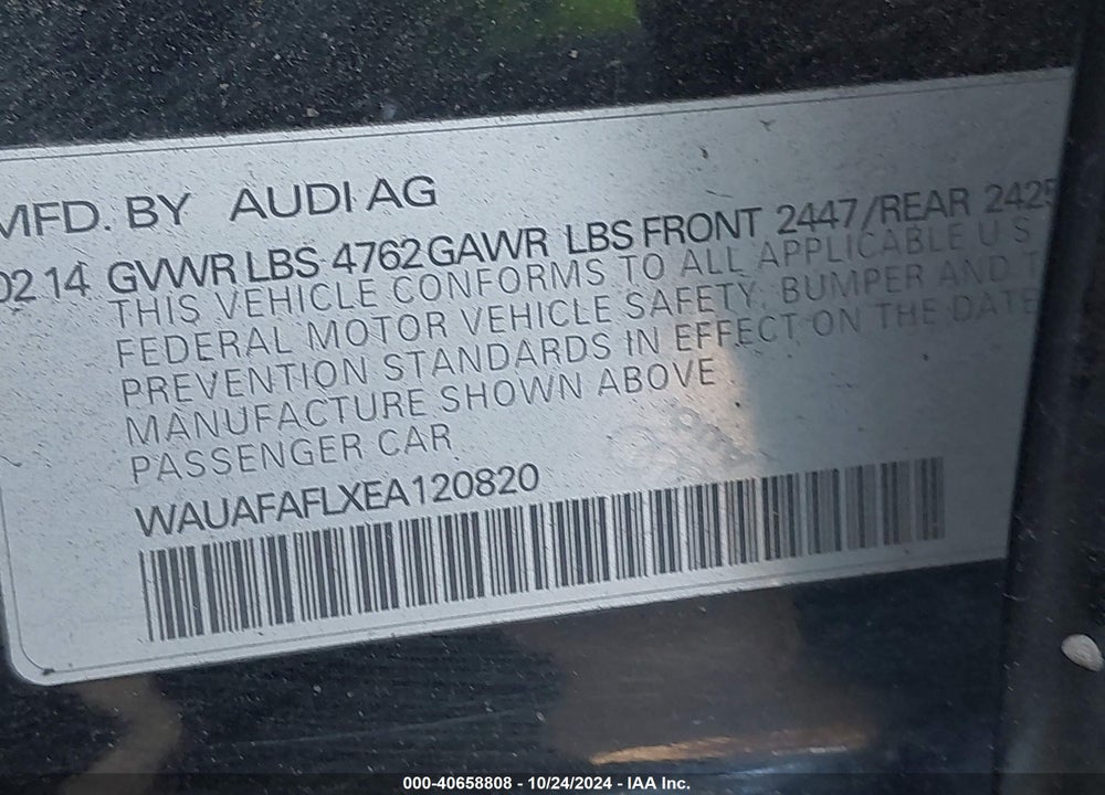 2014 AUDI A4 2.0T PREMIUM VIN: WAUAFAFLXEA120820