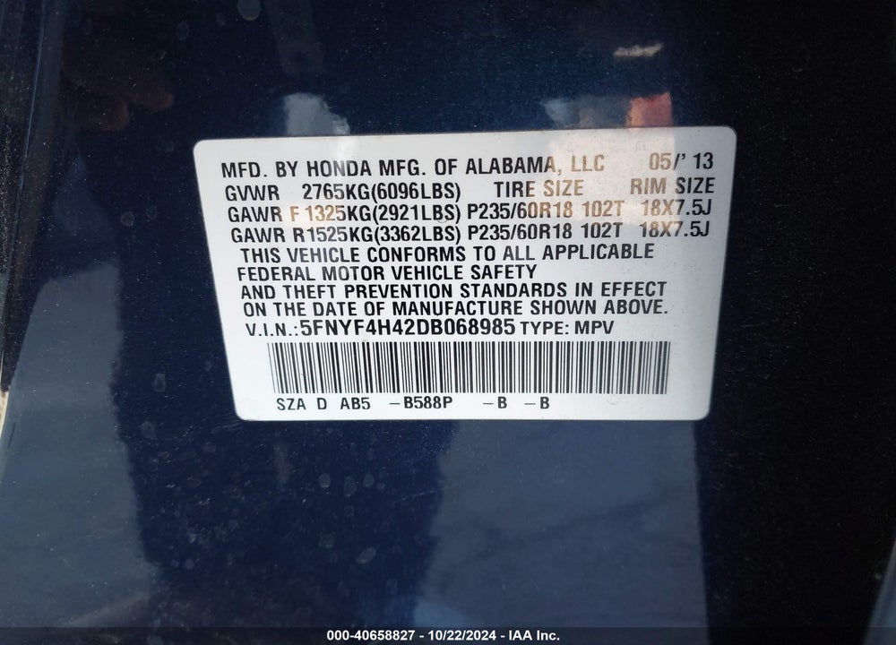 2013 HONDA PILOT EX VIN: 5FNYF4H42DB068985