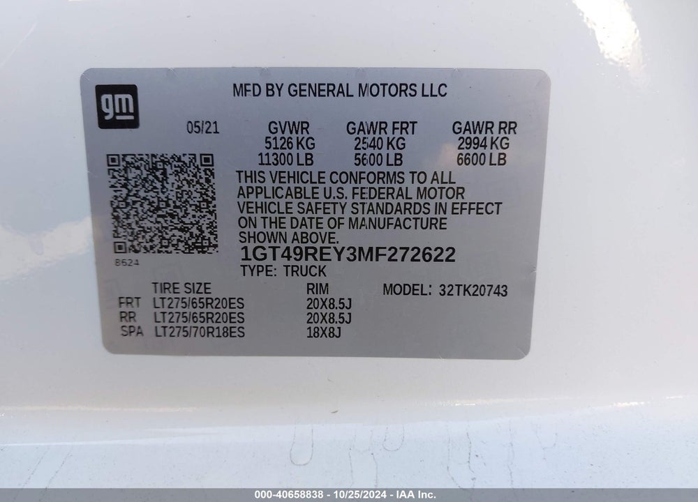 2021 GMC SIERRA 2500HD 4WD  STANDARD BED DENALI VIN: 1GT49REY3MF272622