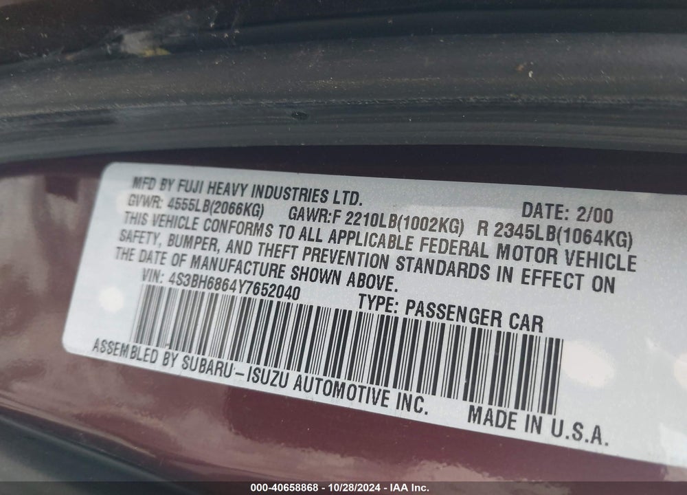 2000 SUBARU OUTBACK LIMITED VIN: 4S3BH6864Y7652040