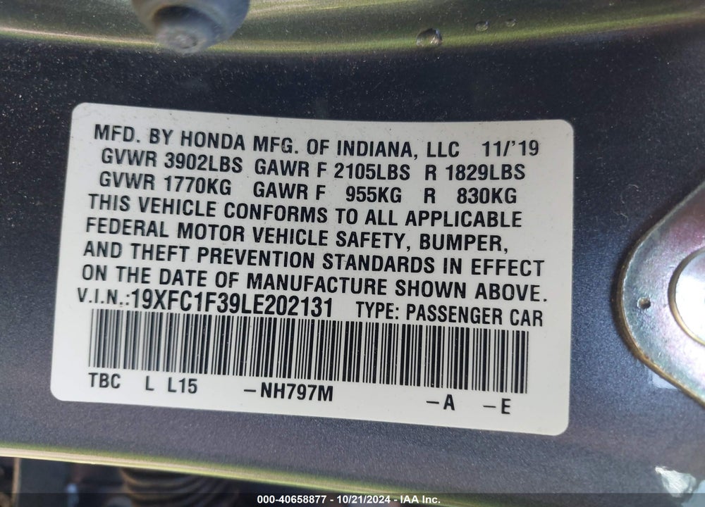 2020 HONDA CIVIC EX VIN: 19XFC1F39LE202131
