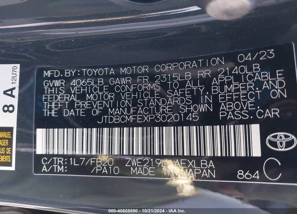 2023 TOYOTA COROLLA HYBRID LE VIN: JTDBCMFEXP3020145