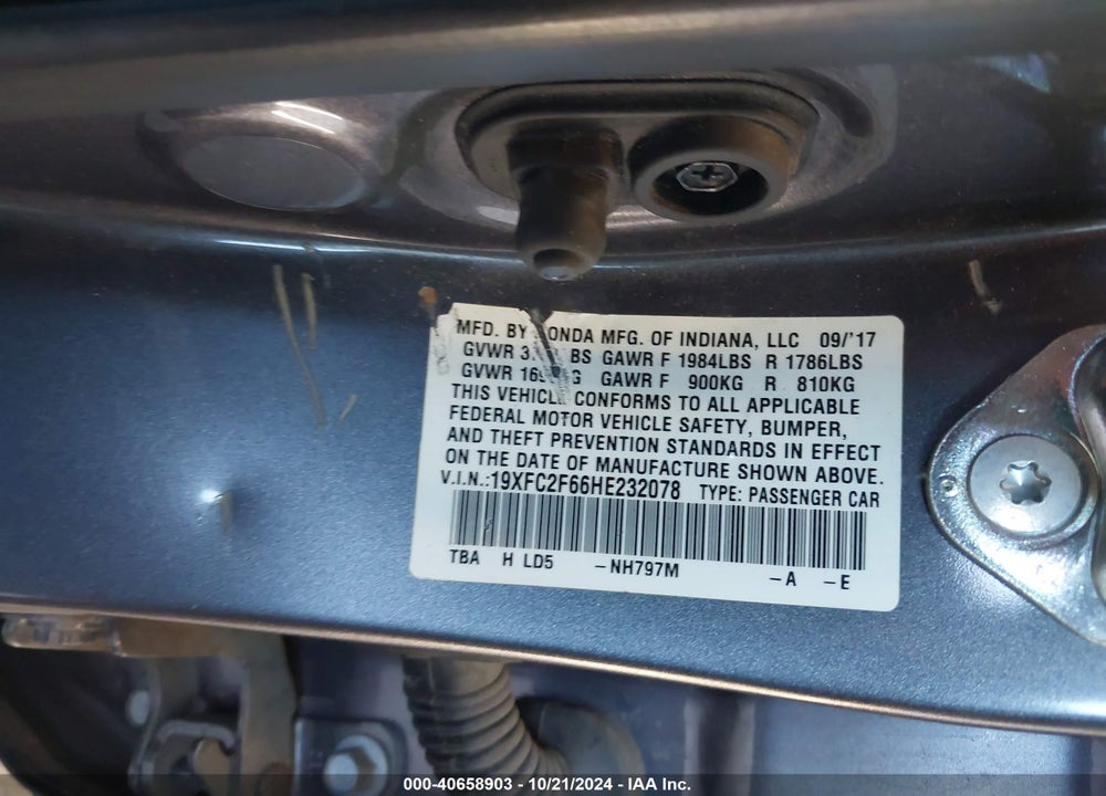 2017 HONDA CIVIC LX VIN: 19XFC2F66HE232078