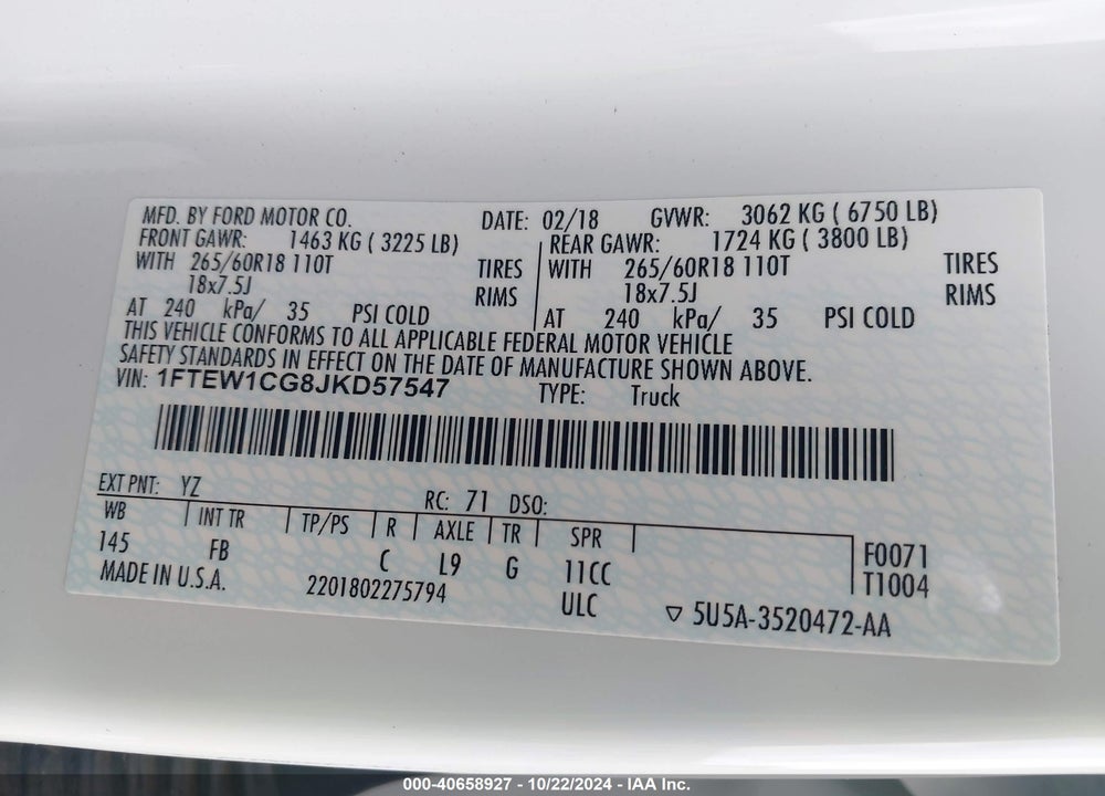 2018 FORD F-150 XLT VIN: 1FTEW1CG8JKD57547