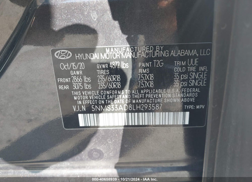 2020 HYUNDAI SANTA FE SEL VIN: 5NMS33AD8LH293587