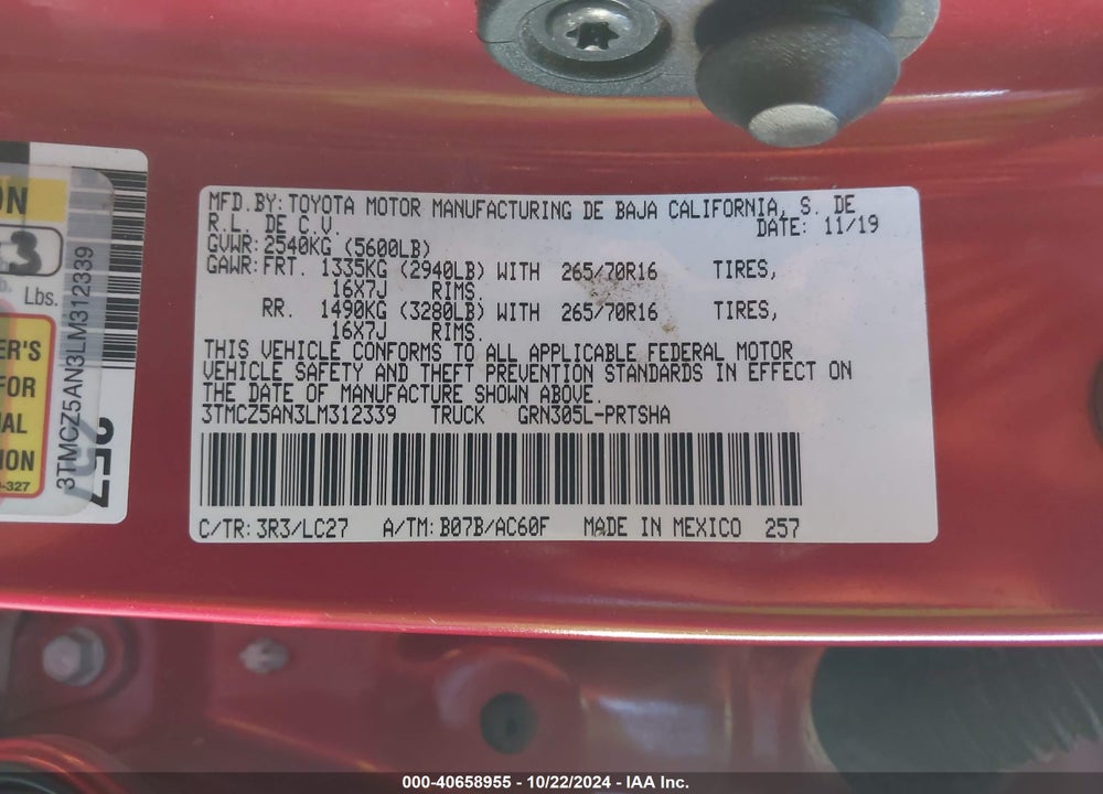 2020 TOYOTA TACOMA TRD OFF ROAD VIN: 3TMCZ5AN3LM312339