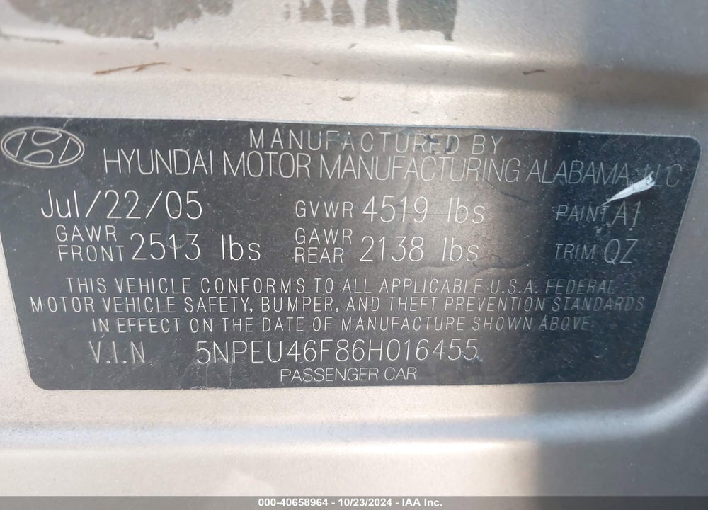 2006 HYUNDAI SONATA GLS V6/LX V6 VIN: 5NPEU46F86H016455
