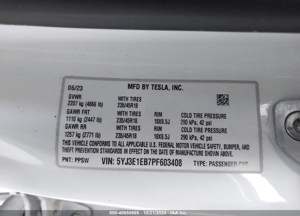 2023 TESLA MODEL 3 LONG RANGE DUAL MOTOR ALL-WHEEL DRIVE VIN: 5YJ3E1EB7PF603408