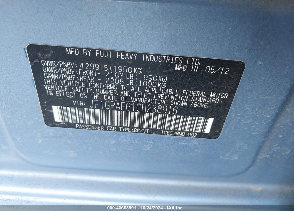 2012 SUBARU IMPREZA 2.0I PREMIUM VIN: JF1GPAF61CH238916