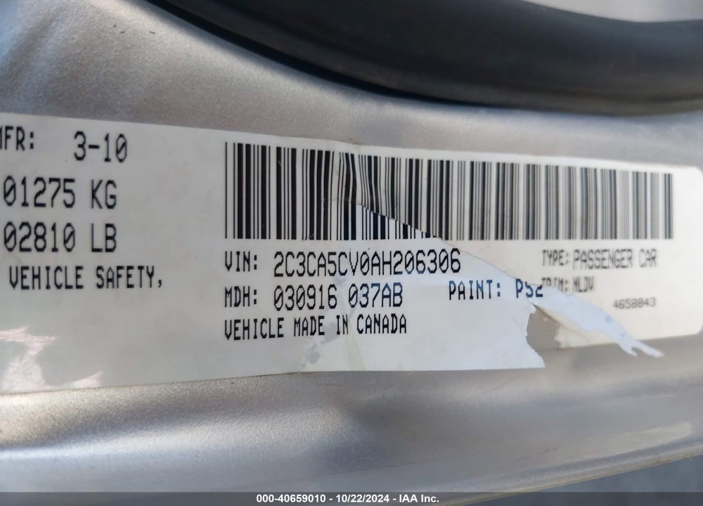 2010 CHRYSLER 300 TOURING/SIGNATURE SERIES/EXECUTIVE SERIES VIN: 2C3CA5CV0AH206306