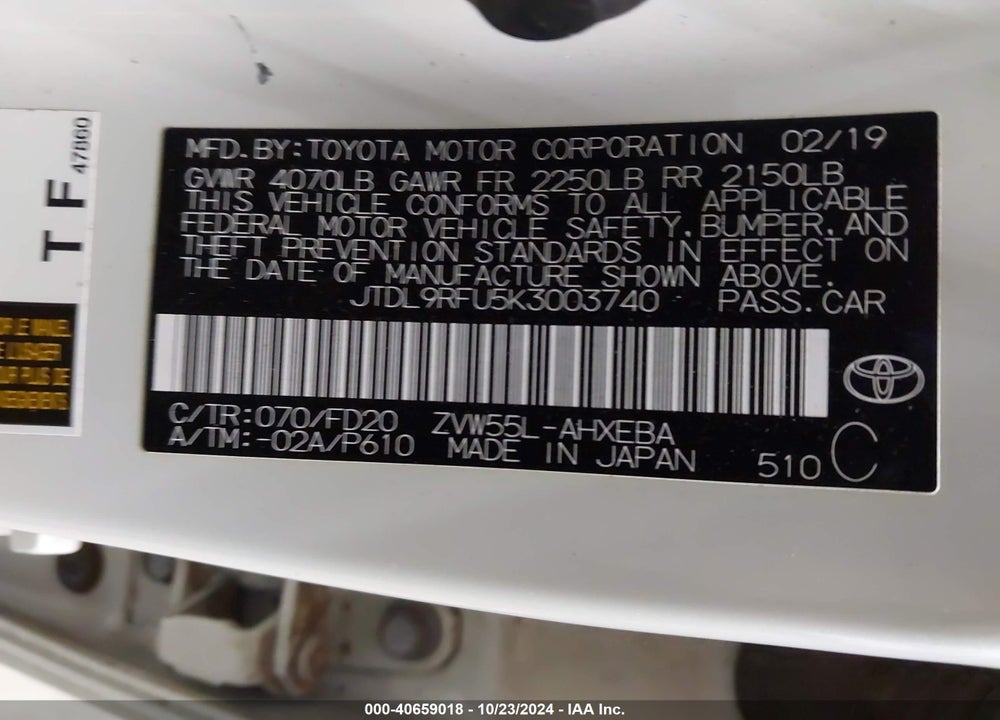 2019 TOYOTA PRIUS LE VIN: JTDL9RFU5K3003740