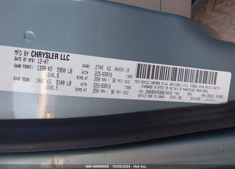 2008 CHRYSLER TOWN & COUNTRY TOURING VIN: 2A8HR54P68R674032