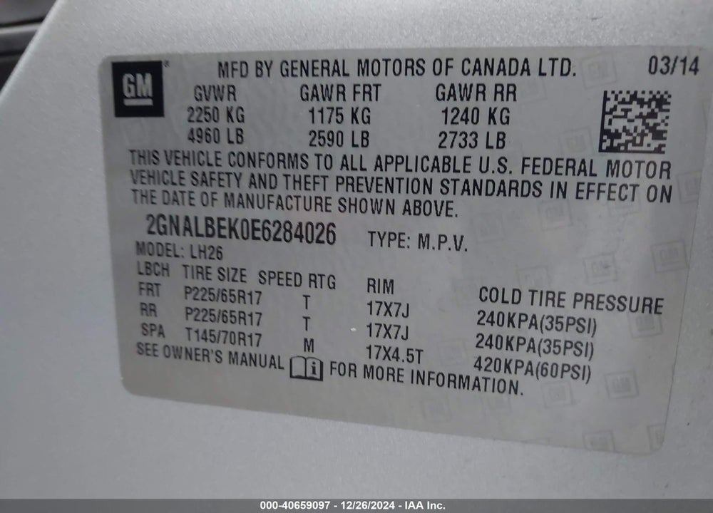 2014 CHEVROLET EQUINOX 1LT VIN: 2GNALBEK0E6284026