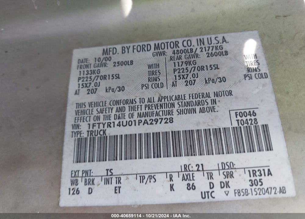 2001 RANGER FORD  EDGE/XL/XLT VIN: 1FTYR14U01PA29728