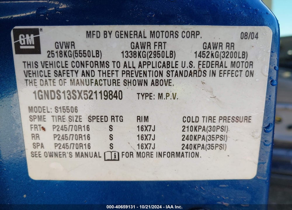 2005 CHEVROLET TRAILBLAZER LS VIN: 1GNDS13SX52119840