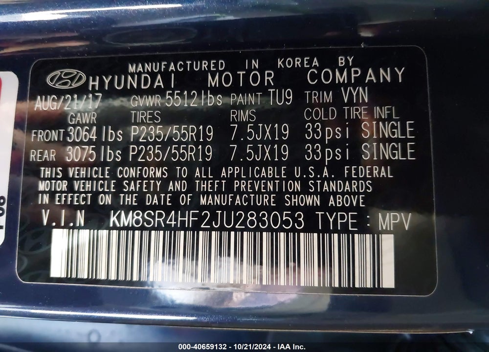 2018 HYUNDAI SANTA FE SE ULTIMATE VIN: KM8SR4HF2JU283053