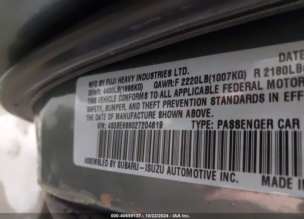 2002 SUBARU OUTBACK LIMITED VIN: 4S3BE686027204619