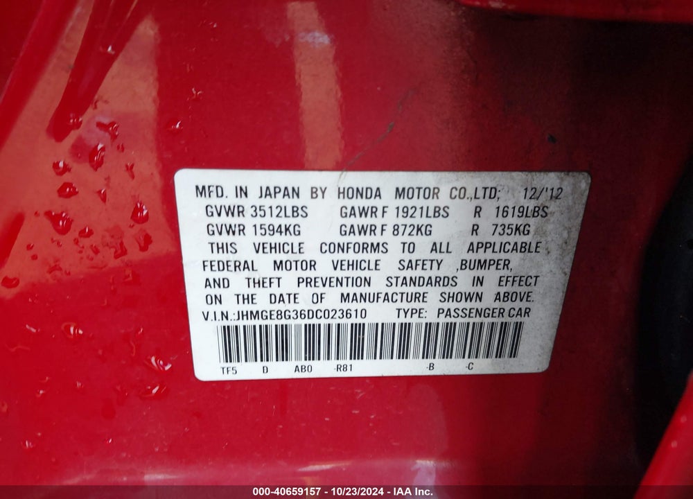 2013 HONDA FIT VIN: JHMGE8G36DC023610