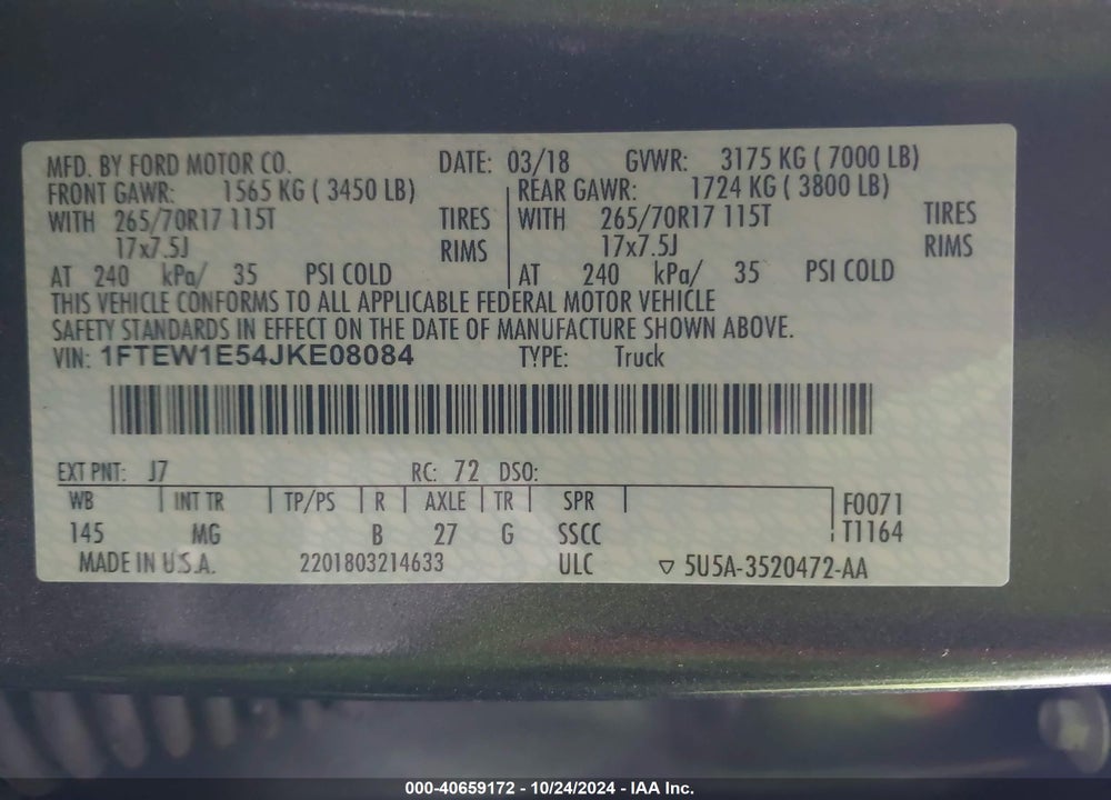 2018 FORD F-150 VIN: 1FTEW1E54JKE08084