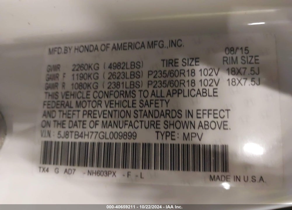 2016 ACURA RDX ADVANCE PACKAGE VIN: 5J8TB4H77GL009899