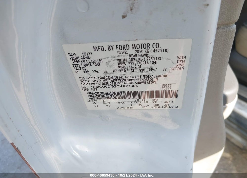 2012 FORD ESCAPE XLT VIN: 1FMCU0DG2CKA77806