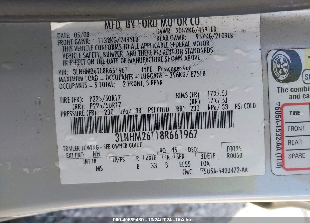 2008 LINCOLN MKZ VIN: 3LNHM26T18R661967