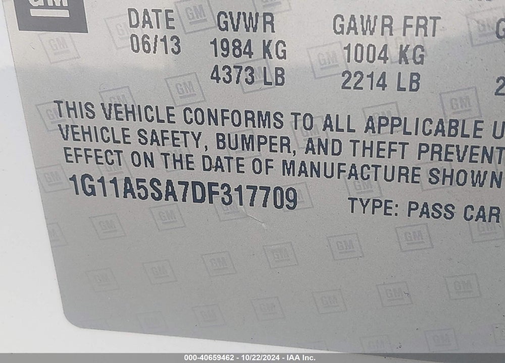 2013 CHEVROLET MALIBU 1FL VIN: 1G11A5SA7DF317709