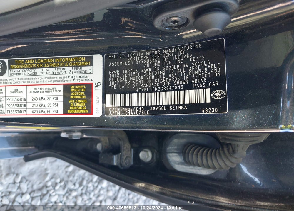 2012 TOYOTA CAMRY LE VIN: 4T4BF1FK2CR247816