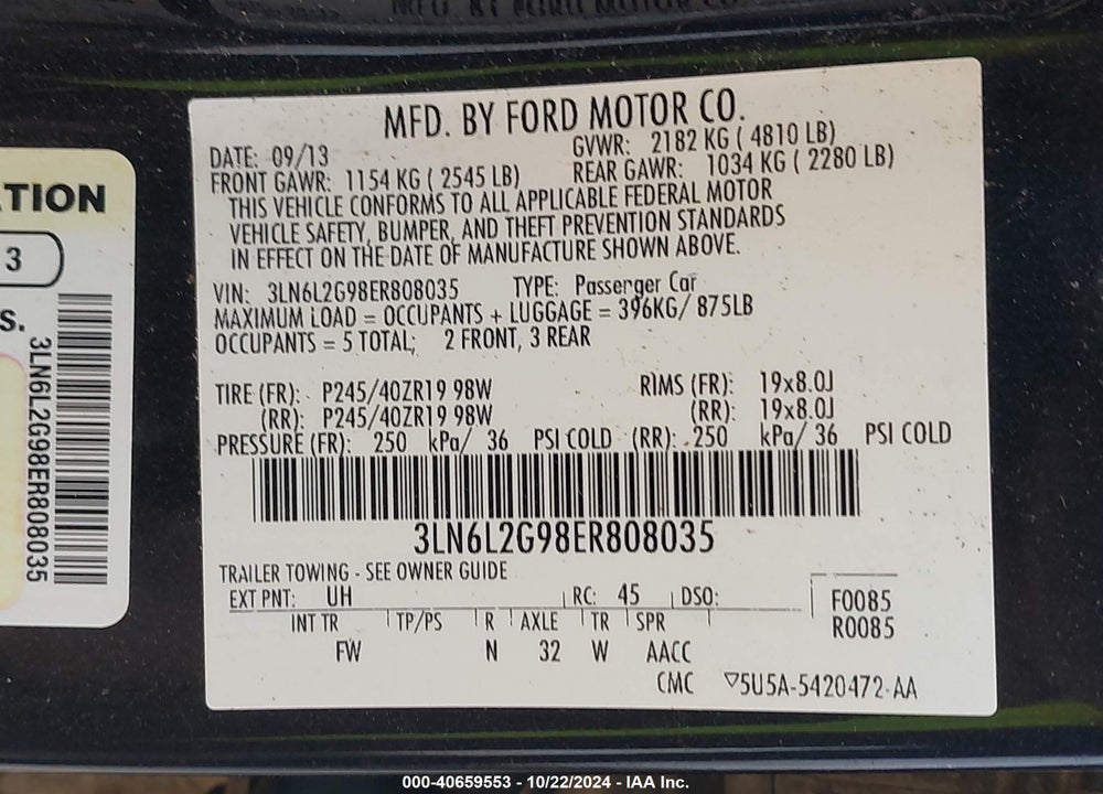2014 LINCOLN MKZ VIN: 3LN6L2G98ER808035