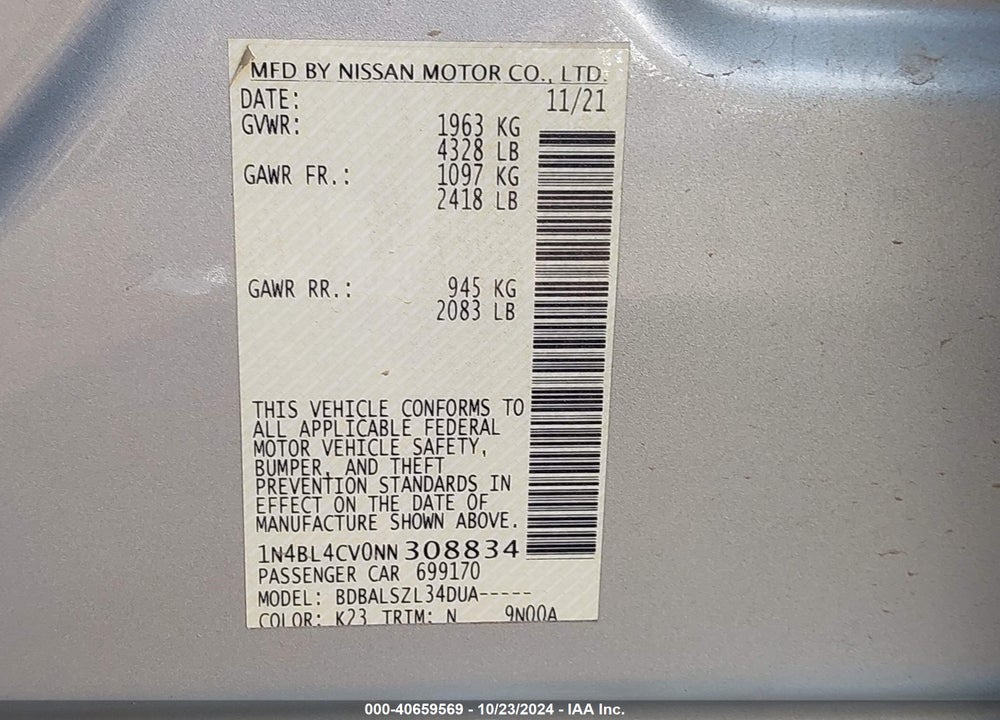 2022 NISSAN ALTIMA VIN: 1N4BL4CV0NN308834