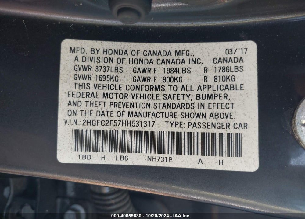 2017 HONDA CIVIC LX VIN: 2HGFC2F57HH531317