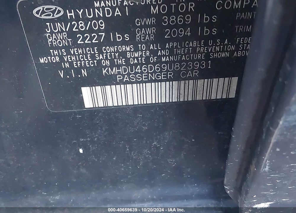 2009 HYUNDAI ELANTRA GLS VIN: KMHDU46D69U823931