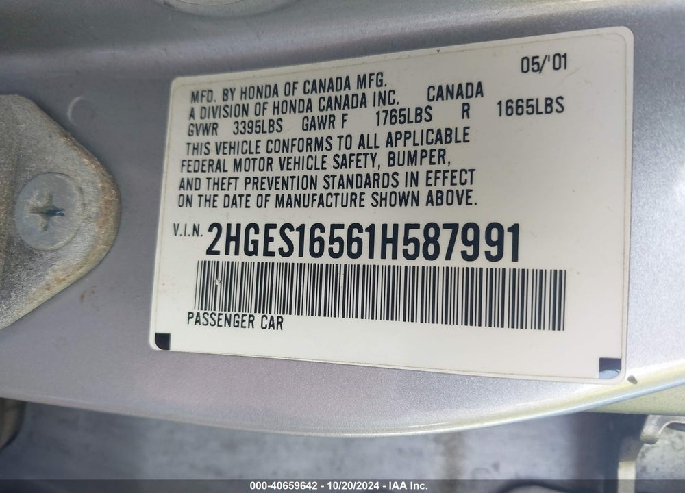 2001 HONDA CIVIC LX VIN: 2HGES16561H587991
