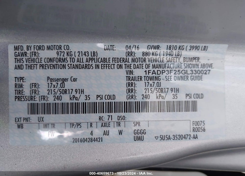 2016 FORD FOCUS SE VIN: 1FADP3F25GL330027