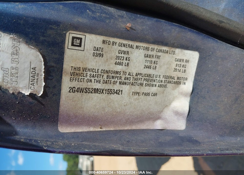 1999 BUICK CENTURY CUSTOM VIN: 2G4WS52M9X1553421