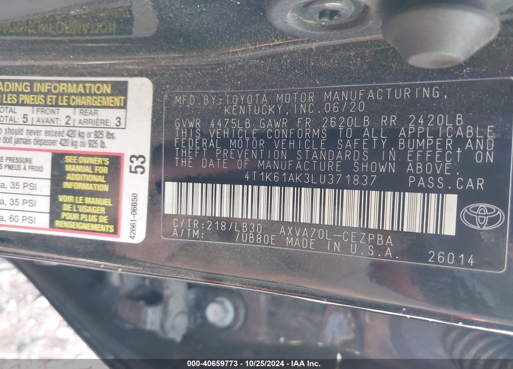 2020 TOYOTA CAMRY XSE VIN: 4T1K61AK3LU371837