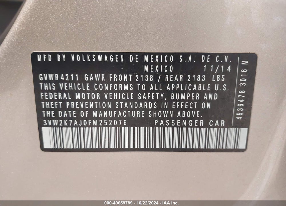 2015 VOLKSWAGEN JETTA 2.0L S VIN: 3VW2K7AJ0FM252076