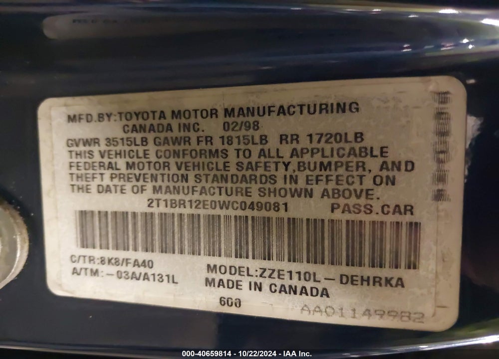 1998 TOYOTA COROLLA VE VIN: 2T1BR12E0WC049081