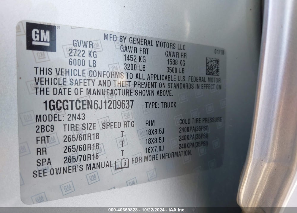 2018 CHEVROLET COLORADO LT VIN: 1GCGTCEN6J1209637