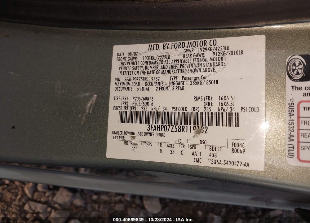 2008 FORD FUSION SE VIN: 3FAHP07Z58R119182