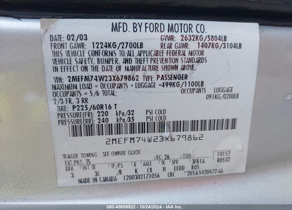 2003 MERCURY GRAND MARQUIS GS VIN: 2MEFM74W23X679862