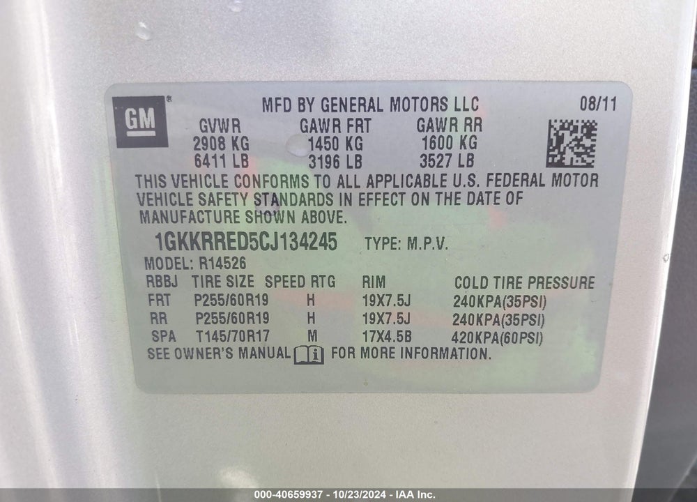 2012 GMC ACADIA SLT-1 VIN: 1GKKRRED5CJ134245