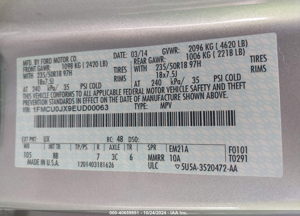 2014 FORD ESCAPE TITANIUM VIN: 1FMCU0JX9EUD00063