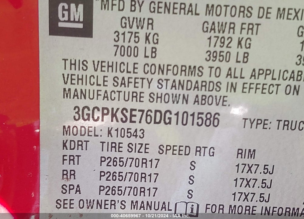 2013 CHEVROLET SILVERADO 1500 VIN: 3GCPKSE76DG101586