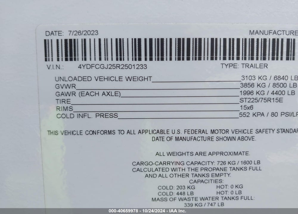 2024 KEYSTONE COUGAR 26' 5TH WHEEL CAMPER VIN: 4YDFCGJ25R2501233