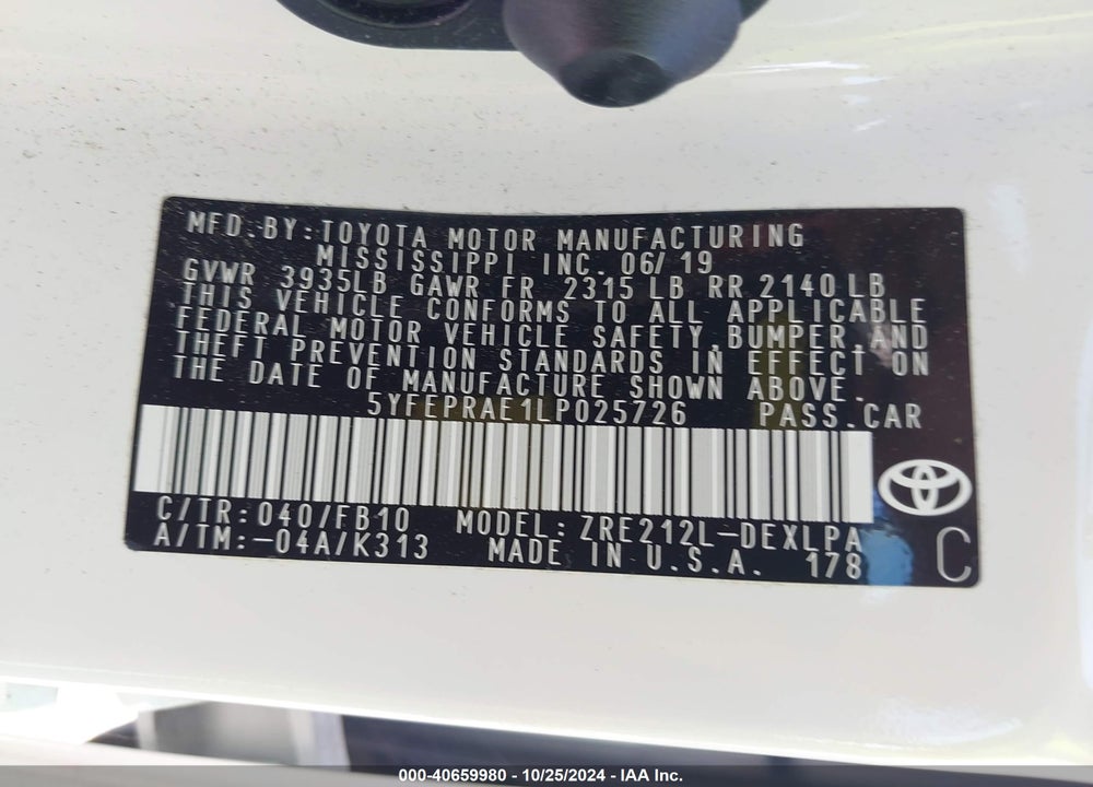 2020 TOYOTA COROLLA LE VIN: 5YFEPRAE1LP025726