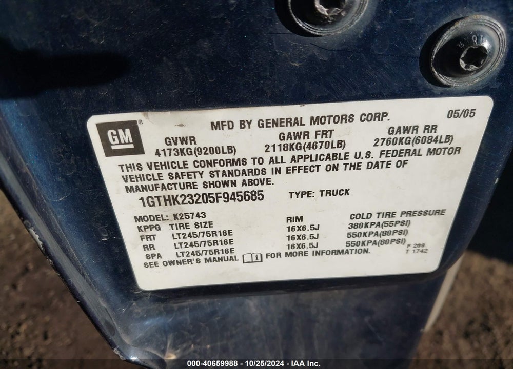 2005 GMC SIERRA 2500HD SLT VIN: 1GTHK23205F945685