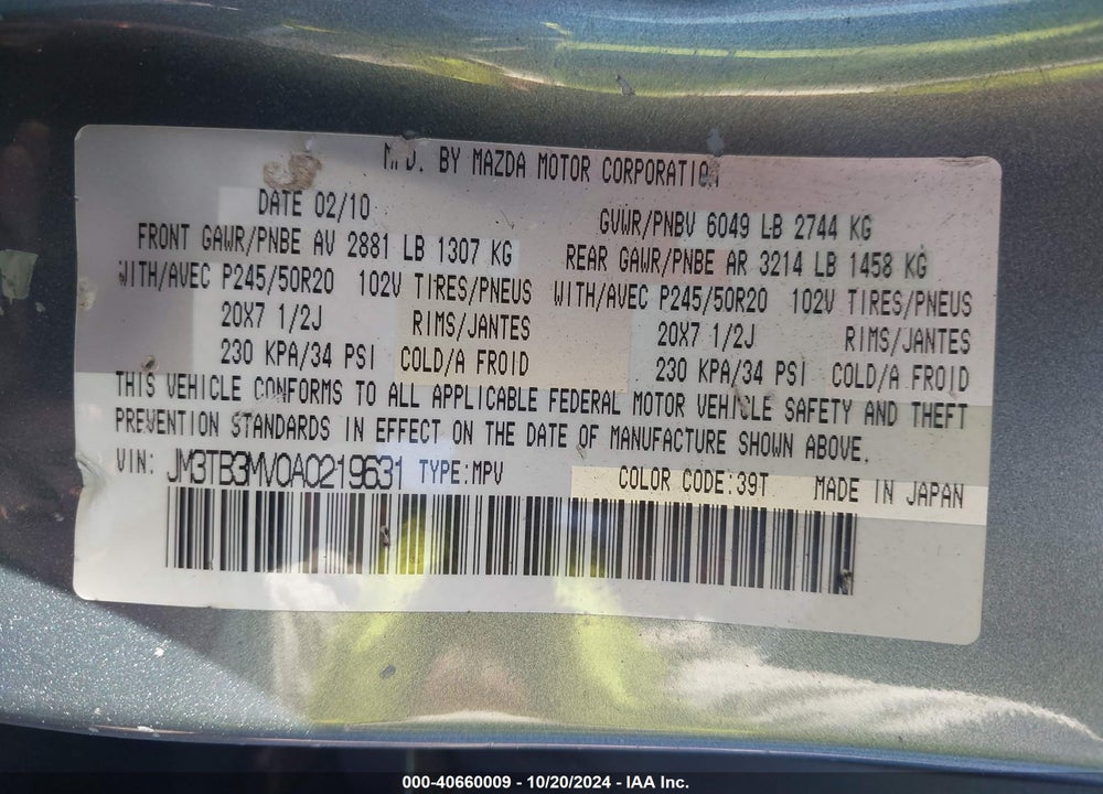 2010 MAZDA CX-9 GRAND TOURING VIN: JM3TB3MV0A0219631